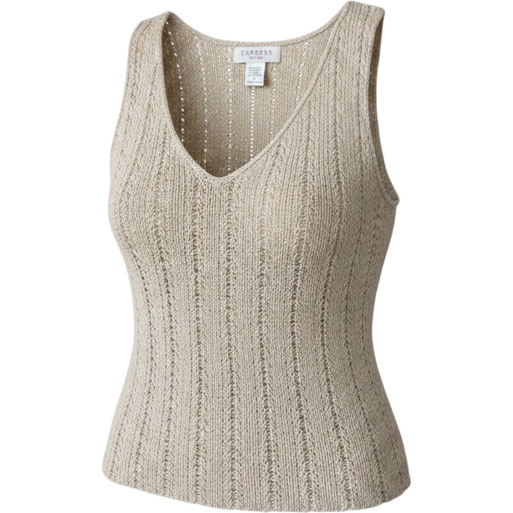 Express Tricot Beige Open Knit Cotton Linen Ramie V-Neck Sweater Vest Medium